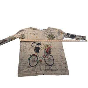 ELLAZHU Women's Tan Black Cat Bicycle Print Long Sleeve Sweater Top see photos